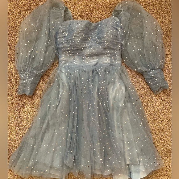 Puffy long sleeve sparkly short dusty blue prom dress with built in pockets - Picture 1 of 5